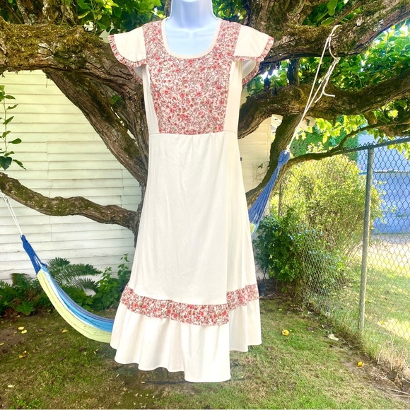 Vintage 70’s Peasant Dress Floral Cream w. Flutter Sleeves Prairie Western M - Picture 12 of 15